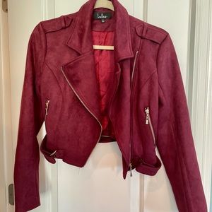 Burgundy faux suede moto jacket